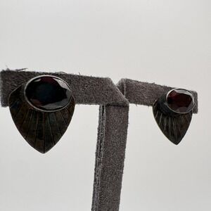 Sajen Sterling Silver 925 Red Stone Teardrop Stud Earrings 0.58in Shield Design